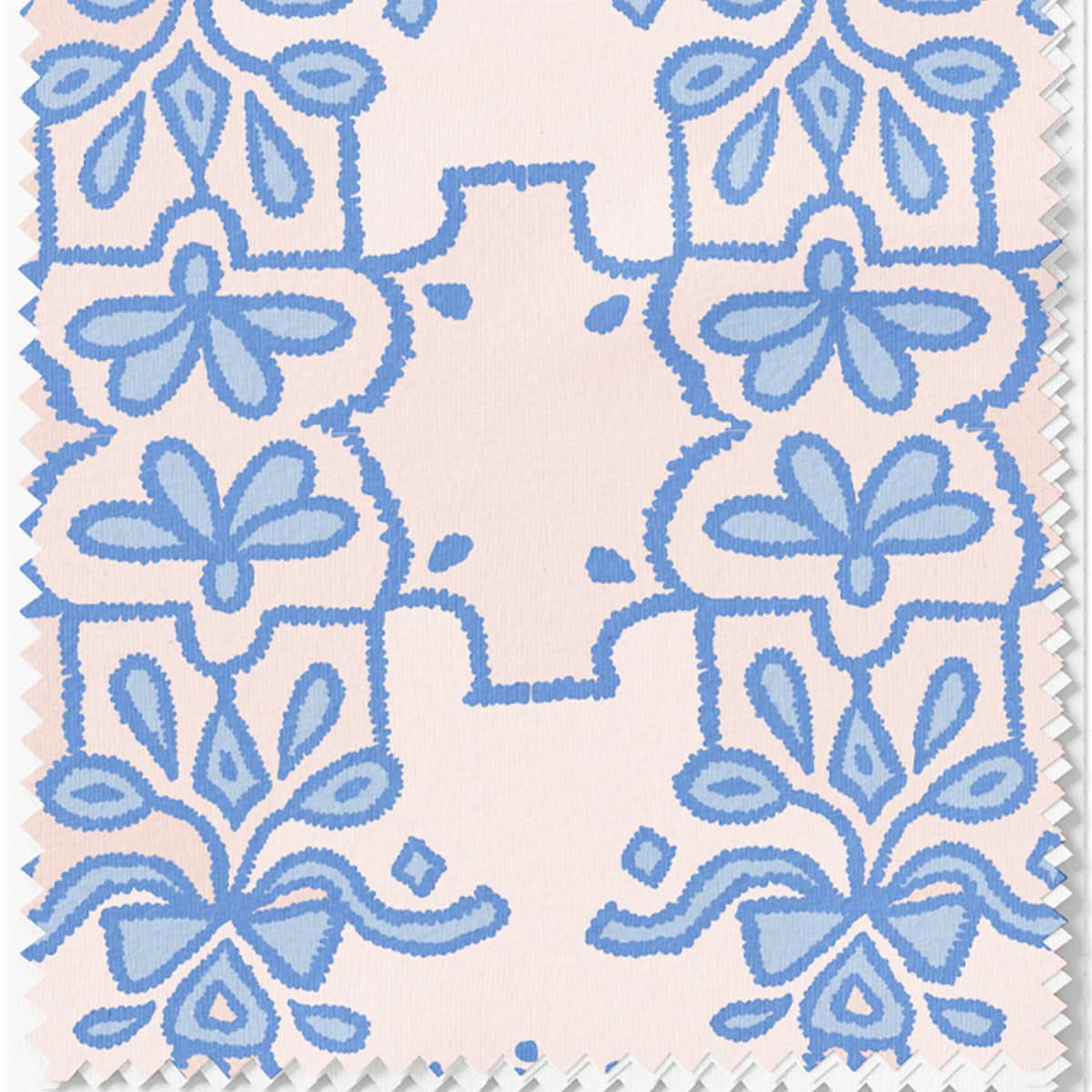 Introducing "Fabric by the Yard - Bow Royalty," a striking textile sample that showcases a symmetrical floral and geometric pattern in blue on a soft pink background. This intricate and elegant design features hand-drawn, stylized flowers and leaves, crafted from an upholstery weight blend of cotton and linen.