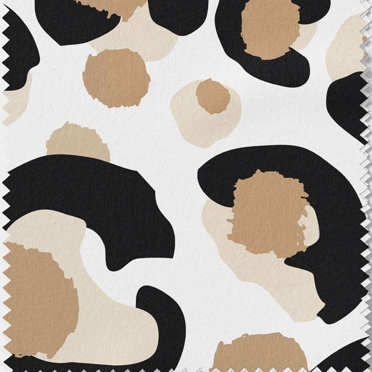 A fabric swatch from "Fabric by the Yard - Classic Cheetah" showcases an abstract pattern of irregular black, beige, and light brown shapes on a white background. Ideal for upholstery projects, this Cotton & Linen blend is finely crafted with zigzagged edges.