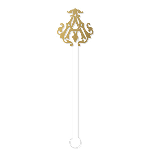 The 1-Letter Acrylic Drink Stirs boast a gold monogram design with intricate flourishes atop their long, slender acrylic structure. These BPA-free stirrers resemble decorative pieces and feature a 1-letter interlock style, adding personalized elegance to any drink.
