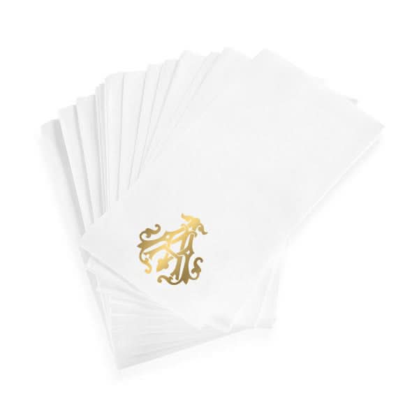 A set of 1-Letter Monogrammed Guest Towels with a linen texture and an ornate gold crest in one corner, shown on a plain white background.