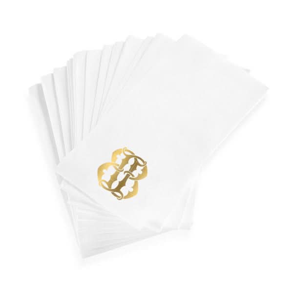 A stack of 1-Letter Monogrammed Guest Towels—white, folded, and featuring a gold decorative monogram in the corner—perfect for adding a personalized touch to any special occasion.