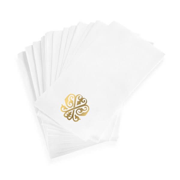 A stack of linen-textured 1-Letter Monogrammed Guest Towels, each featuring a decorative gold monogram printed on one corner.