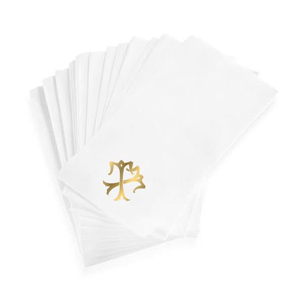 A stack of white 1-Letter Monogrammed Guest Towels is shown, each featuring a linen texture with a gold monogram printed near the corner.