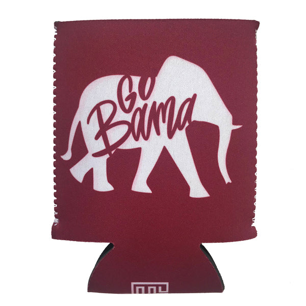 The Go Bama Koozie, in a deep crimson hue, features a white silhouette of an elephant with "Go Bama" proudly displayed on it, making it ideal for tailgate parties.