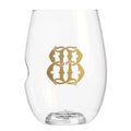 1-Letter govino® Stemless Shatterproof Wine Glass boasts a gold decorative pattern on the front, combining elegance and practicality with a groove on one side for easy grip, ensuring durability in a reusable design.