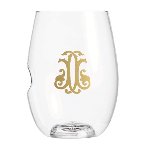 A clear, shatterproof 1-Letter govino® Stemless Wine glass with a gold ornate design is featured, boasting a gentle curve for easy grip. This reusable piece of elegance is elegantly showcased on a white background.