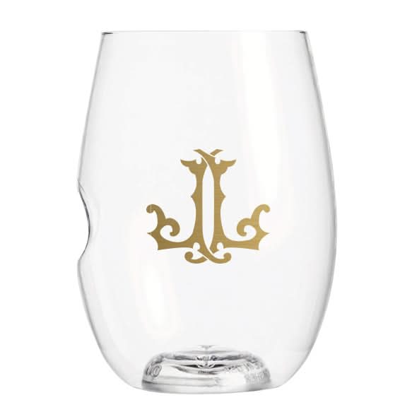 The 1-Letter govino® Stemless Shatterproof Wine glass features a gold ornate L monogram, an indented side grip, is BPA free, reusable, and made in the USA.