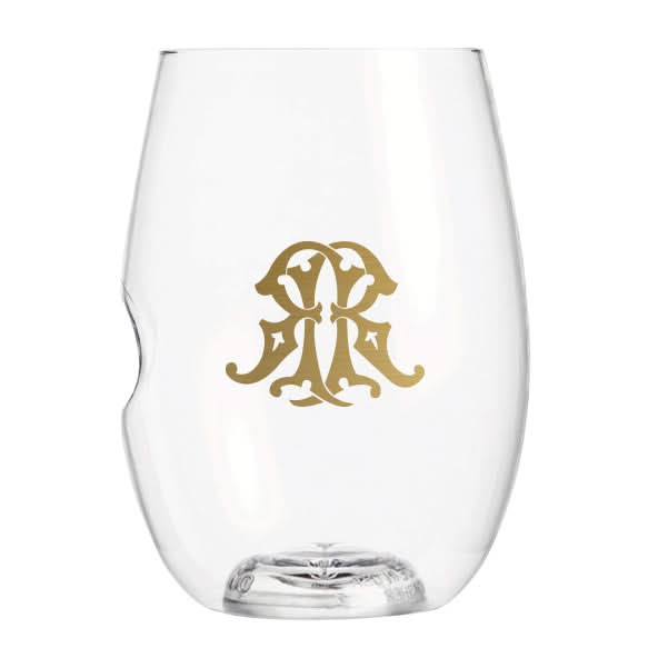 The 1-Letter govino® Stemless Shatterproof Wine glass is a clear, reusable USA-made wine glass featuring a gold monogram on the front and an ergonomic indentation for comfortable grip.