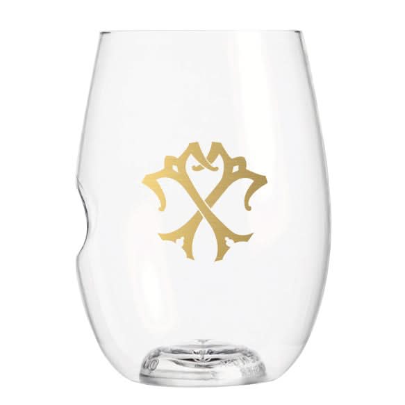 The 1-Letter govino® Stemless Shatterproof Wine glass is BPA-free, has a left thumb indent, a gold crossed swords emblem on the front, and features a white background.
