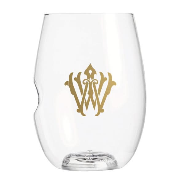 The 1-Letter govino® Stemless Shatterproof Wine glass is clear, BPA-free, reusable, made in the USA, features a gold ornate WV monogram on the front and has an indented dimple for grip.