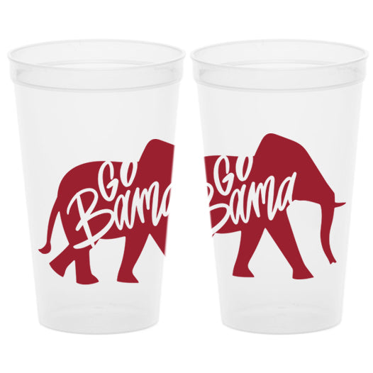 Two Go Bama Stadium Cups with red elephant silhouettes and "Go Bama" text, ideal for tailgate parties.