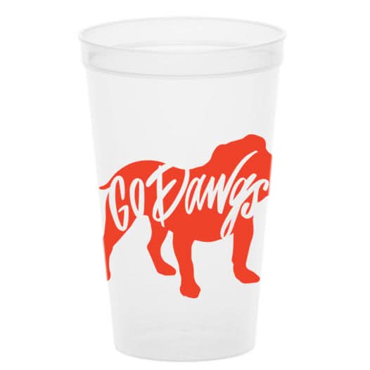 Show your team pride at tailgate parties with the Go Dawgs Stadium Cups. These clear plastic cups feature a red bulldog silhouette and bold Go Dawgs lettering, perfect for spirited celebrations.