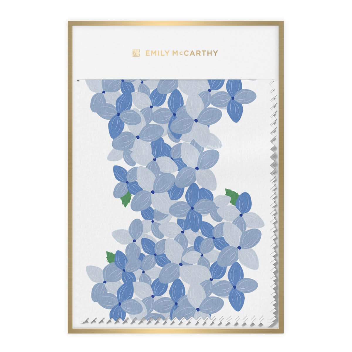 A striking design from the "Fabric by the Yard - Hydrangea Stripe" collection presents hand-drawn light and dark blue hydrangeas on a white background, beautifully bordered with gold. Made from a high-quality Cotton & Linen blend, this piece features the name Emily McCarthy prominently at the top.