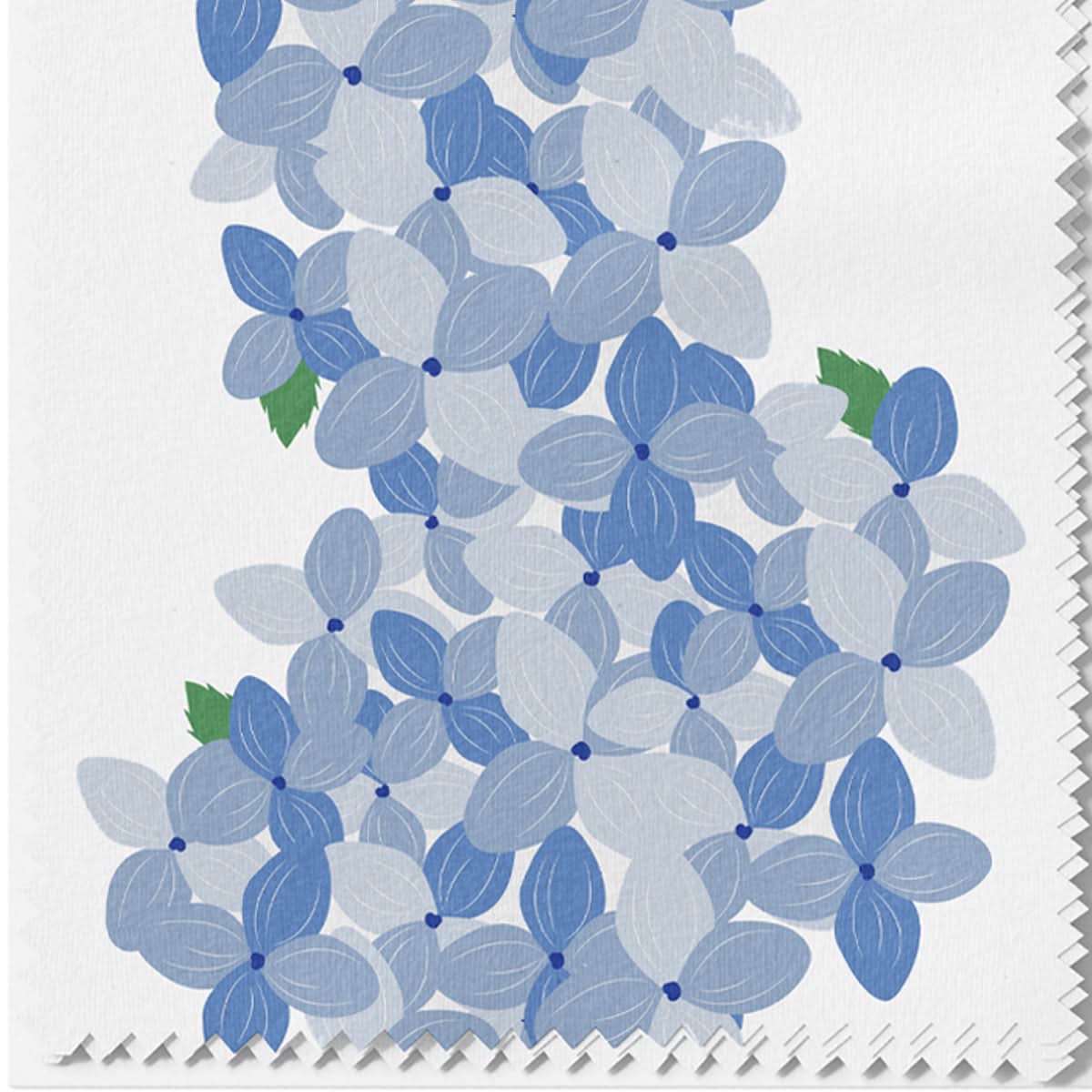 The "Fabric by the Yard - Hydrangea Stripe" features a hand-drawn pattern of numerous overlapping blue and light gray four-petaled flowers scattered across a white background, with small green leaves interspersed among the blooms, invoking bold botanical motifs.