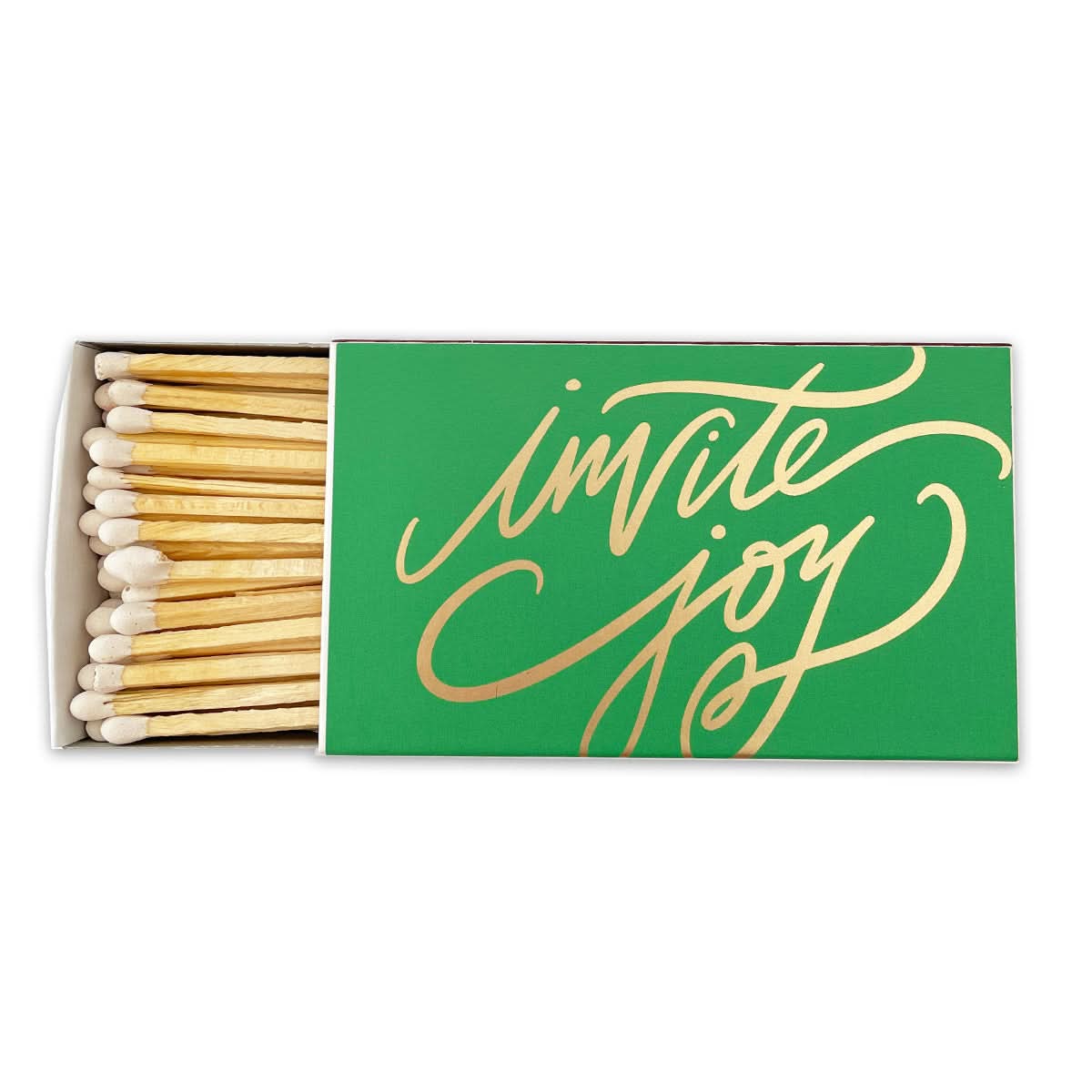 A Matchbox - Invite Joy is open, displaying a row of wooden matches with white tips. It's green with gold cursive text that reads "invite joy.