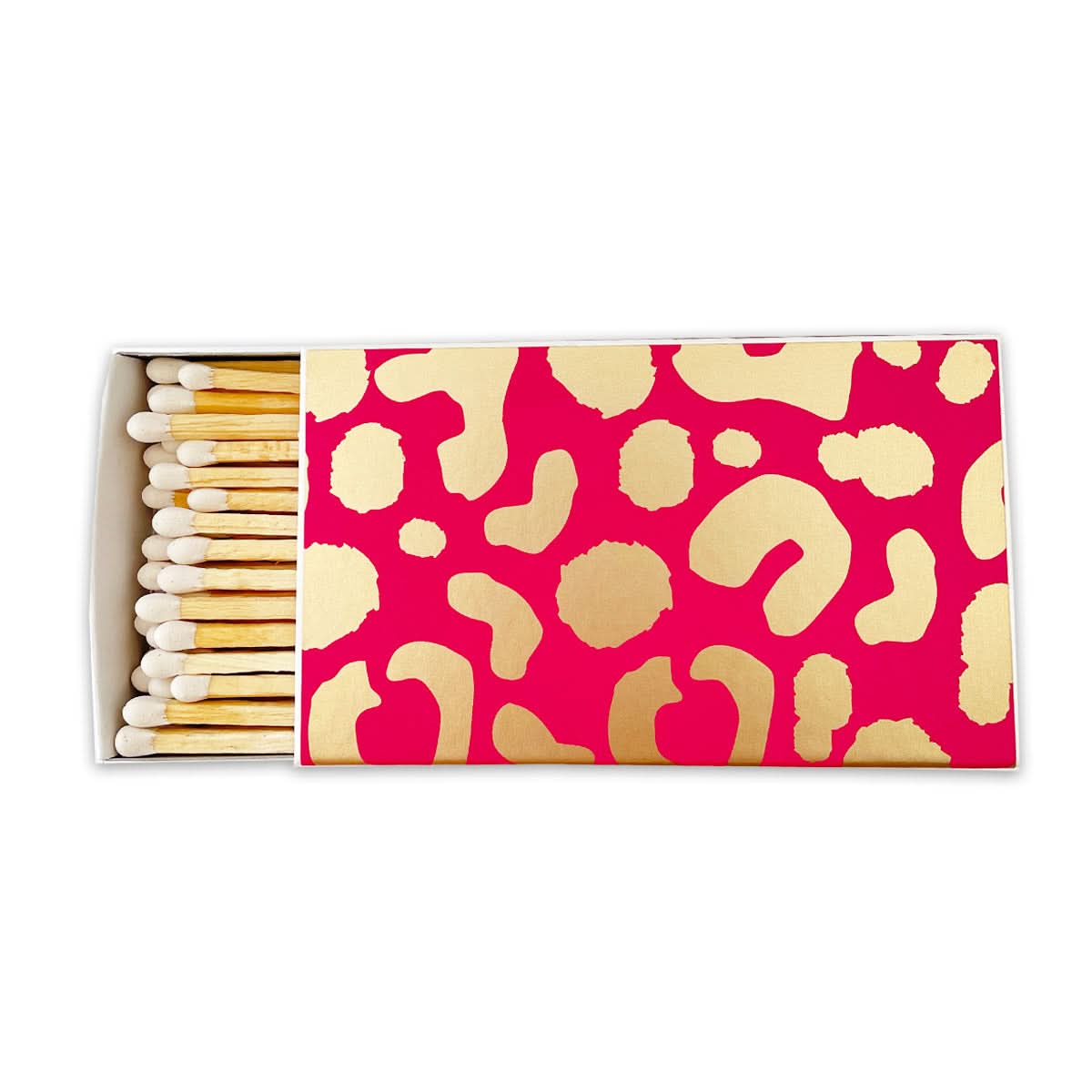 Introducing the "Love Wins" matchbox, adorned with an eye-catching red and gold abstract pattern. The partially opened lid reveals wooden matches tipped with white inside, showcasing its distinctive design of irregular gold shapes set against a vibrant red background.
