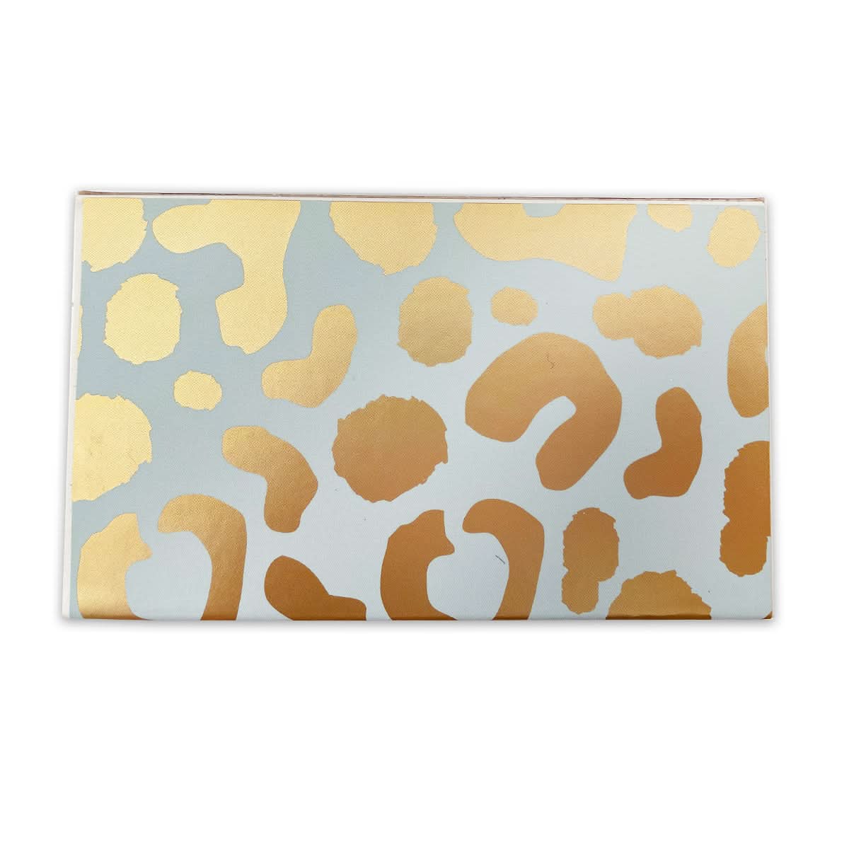 A rectangular card featuring the "What’s For You" design from Matchbox. It boasts a gold and white leopard print pattern on a light gray background, which accentuates the metallic gold spots and irregular shapes across its surface.