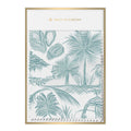 The Fabric by the Yard - Low Country showcases an illustrated botanical design adorned with palm leaves, coconuts, and tropical plants in rich green hues, capturing the elegance reminiscent of Savannah Studio. It features a border that resembles an Oyster Ikat print with "Emily McCarthy" elegantly displayed at the top.