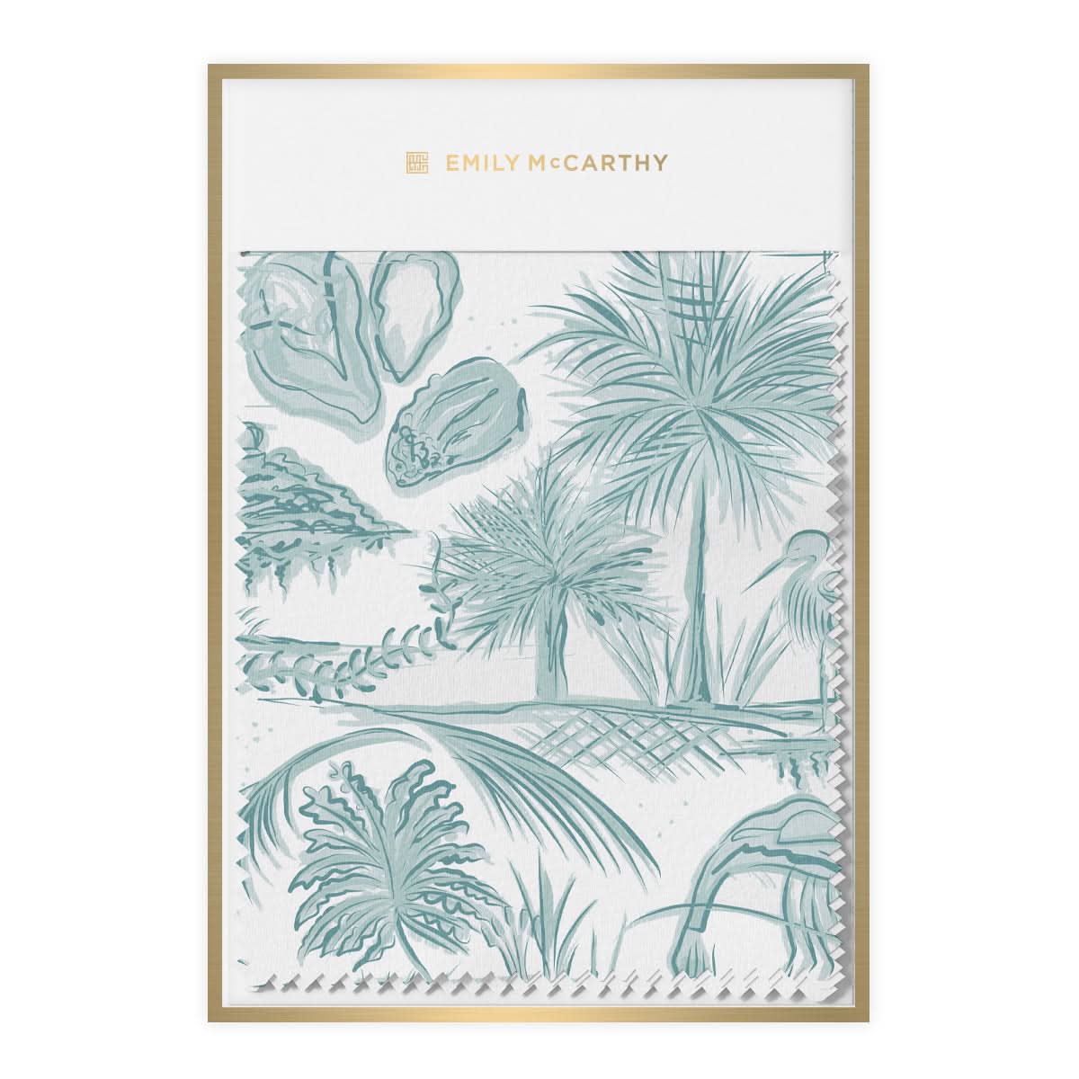 The Fabric by the Yard - Low Country showcases an illustrated botanical design adorned with palm leaves, coconuts, and tropical plants in rich green hues, capturing the elegance reminiscent of Savannah Studio. It features a border that resembles an Oyster Ikat print with "Emily McCarthy" elegantly displayed at the top.