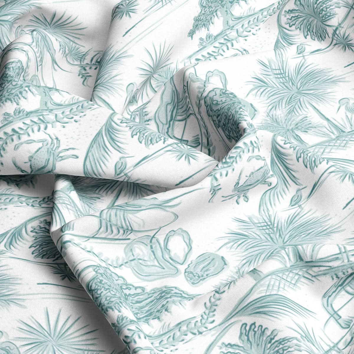 The Fabric by the Yard - Low Country from Savannah Studio features a jungle-themed pattern with white fabric adorned with light green illustrations of tropical plants and diverse animals, such as crocodiles and birds. Its Cotton & Linen blend is slightly wrinkled, adding texture to the design.