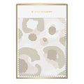 The "Fabric by the Yard - Neutral Cheetah" resembles a notepad with a white and beige abstract pattern inspired by geometric cheetah print, showcasing irregular shapes and spots. The top edge displays a perforated finish, and Emily McCarthy is elegantly inscribed at the top in gold letters.
