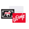 The Go Dawgs Stationery Notes set features two distinct greeting card designs: one with a black card displaying a white bulldog silhouette and "Go Dawgs" in red script, and another with a vibrant red card featuring "Go Dawgs" in bold white script. Each design is paired with a crisp white envelope.