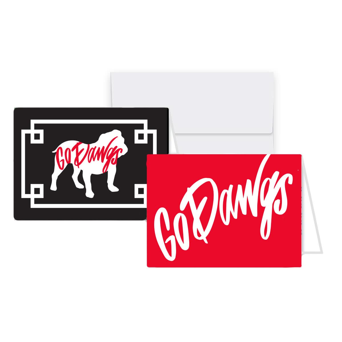 The Go Dawgs Stationery Notes set features two distinct greeting card designs: one with a black card displaying a white bulldog silhouette and "Go Dawgs" in red script, and another with a vibrant red card featuring "Go Dawgs" in bold white script. Each design is paired with a crisp white envelope.