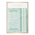 Introducing "Fabric by the Yard - Royal Palm," a striking set of patterned stationery in a green and white design. It showcases geometric shapes and leafy motifs, creating a modern deco statement. Packaged with the distinctive Emily McCarthy label, this set features intricate circles and vertical stripes that beautifully evoke an elegant Royal palm print.