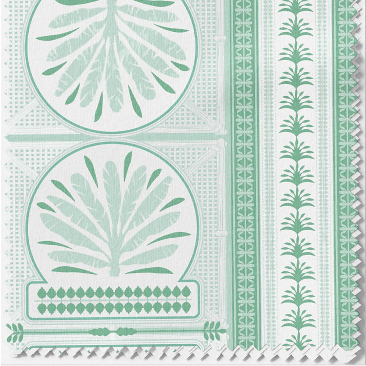 The Fabric by the Yard - Royal Palm showcases an intricate blend of green and white textile patterns, featuring large circular leaf motifs alongside vertical rows of small leaf designs. Geometric accents with a jagged edge embellish the bottom, while the Cotton & Linen blend offers a modern deco statement inspired by its royal palm print design.