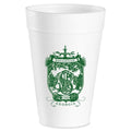 The Savannah Crest Foam Cup Set features white drinkware with a detailed green design, including foliage, ornate symbols, the text Savannah and Georgia, and the 1733 Savannah Crest at the center.