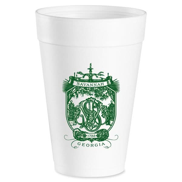 The Savannah Crest Foam Cup Set features white drinkware with a detailed green design, including foliage, ornate symbols, the text Savannah and Georgia, and the 1733 Savannah Crest at the center.