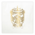 The Savannah Crest Cocktail Napkin Set in white and gold boasts intricate designs with a gold foil ornate crest on faux linen, elegantly displaying Savannah at the top and Georgia below. It features a monogram, fountain illustration, and marks the year 1733.