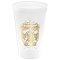 The Savannah Crest Stadium Cup Set includes a 22 oz white cup with a gold foil Savannah Crest, ornate details, and Savannah Georgia plus the year 1733 printed below.