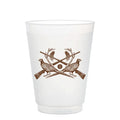 The Sporting Luxe Frosted Cups, 16oz, feature a white design with crossed rifles, pheasants, antlers, and foliage surrounding a central circular target.