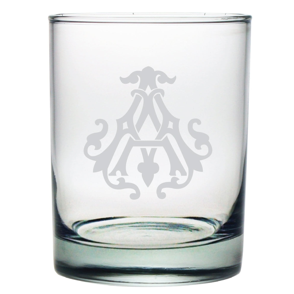 The 1-Letter Monogrammed Lowball Glass features an intricate white monogram design with ornate swirling patterns, creating an elegant look perfect for gifting. Displayed empty against a plain white background.