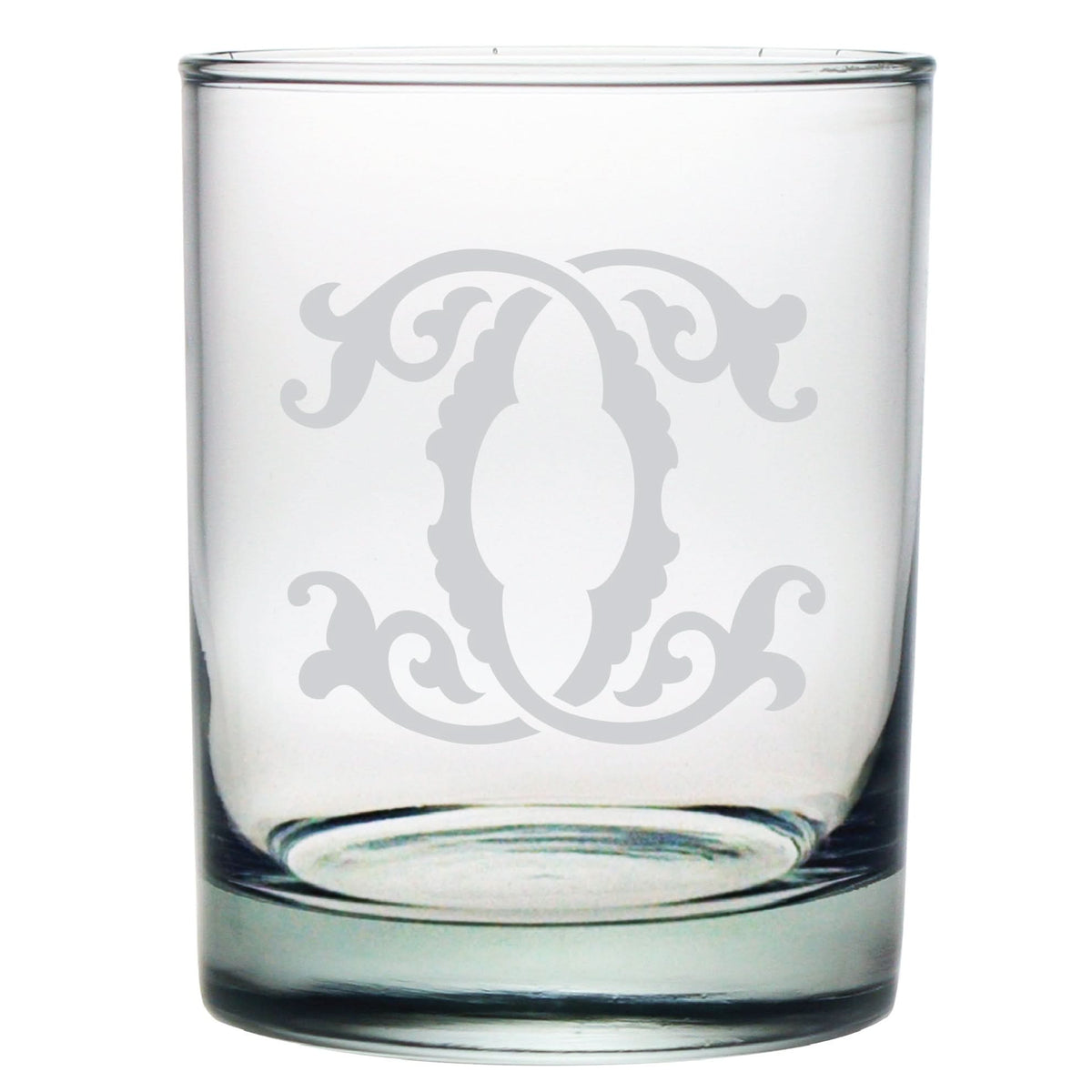 The 1-Letter Monogrammed Lowball Glass boasts an elegant, classic etched swirl pattern with clear glass and symmetrical design, making it the perfect gift for fans of fine craftsmanship.