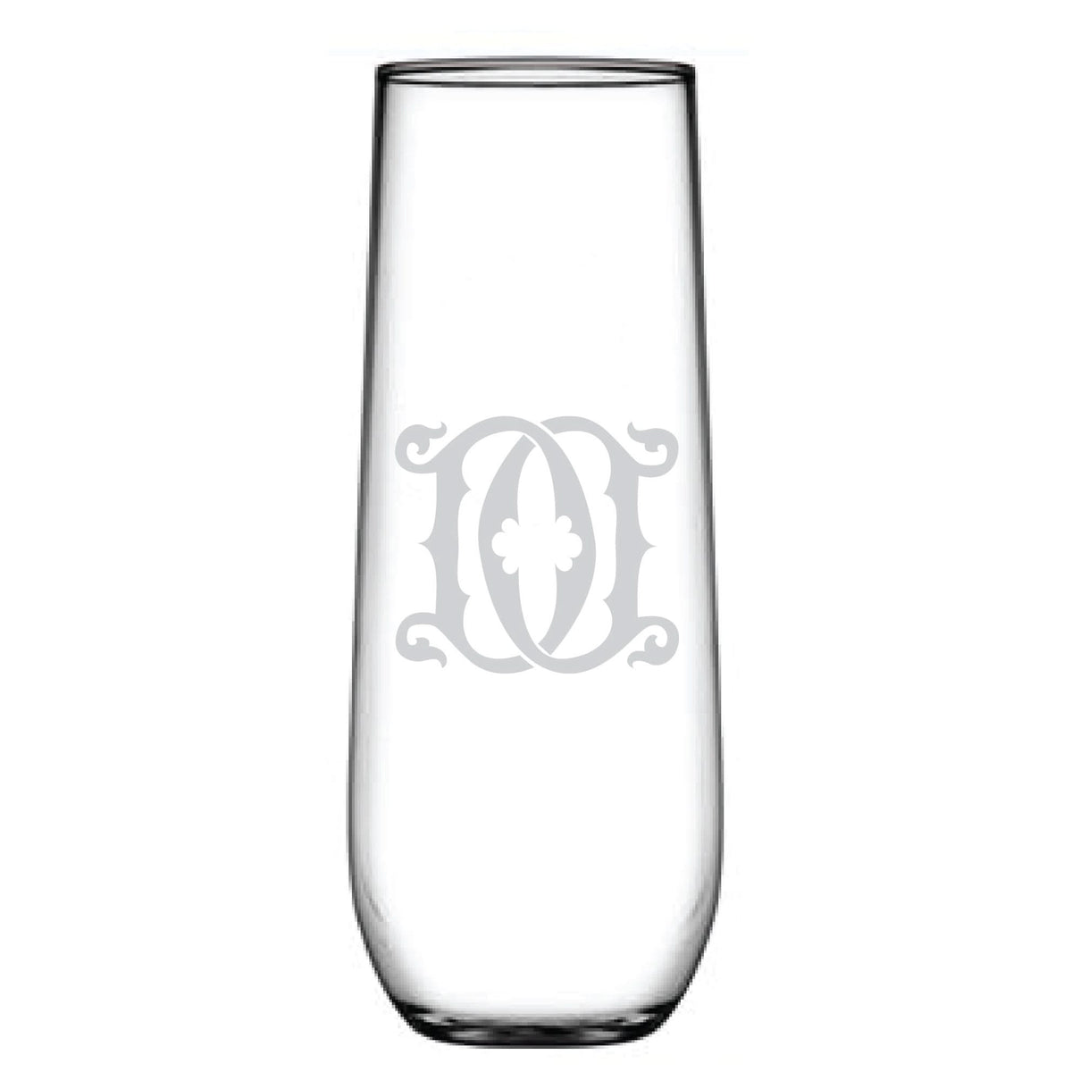 The tall, clear 1-Letter Monogrammed Stemless Champagne Flute boasts an elegant emblem etching in the center. Its sleek, cylindrical design with a stable base makes it perfect for stylishly serving beverages.