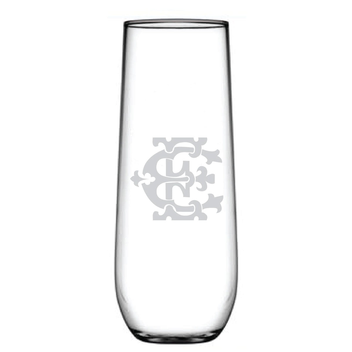 The 1-Letter Monogrammed Stemless Champagne Flute is a tall, clear glass with an intricately etched interlocking letter C design. Its sleek, cylindrical shape enhances the elegance of any beverage experience.