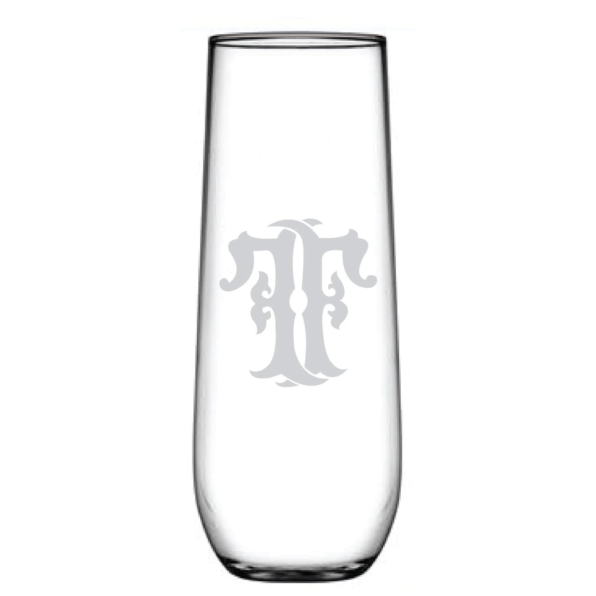 The 1-Letter Monogrammed Stemless Champagne Flute features a stylized letter T etched into its smooth, elegant surface, highlighting its clear and simple design.