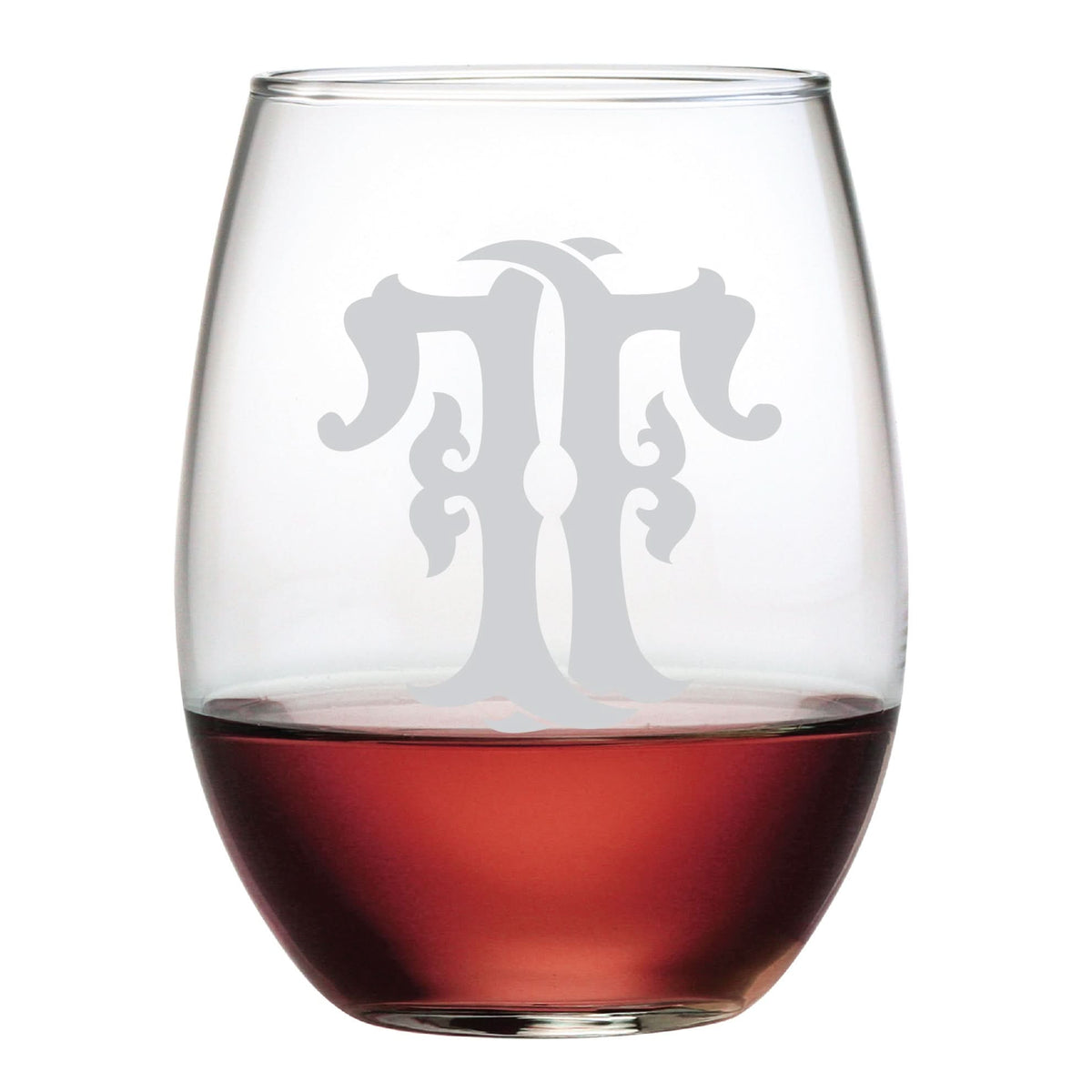The 1-Letter Etched Initial Stemless Wine Glass, filled with rich red wine, features a decorative frosted monogram on the front, making it an ideal gift.