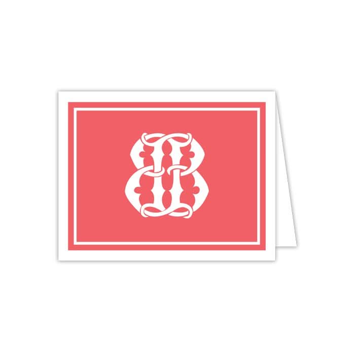 One of the folded cards from the Gift Bar - Folded Note set of 10 features a coral red front with a white abstract design framed by a thin border. This sophisticated notecard, ideal for any occasion, comes with matching envelopes and is presented on a plain white background.