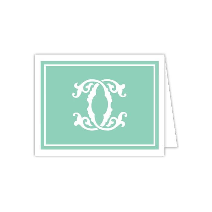 A folded note card from the Gift Bar collection, showcasing a decorative white letter C on a teal background, bordered with a double white outline, available as part of a set of 10 notecards.