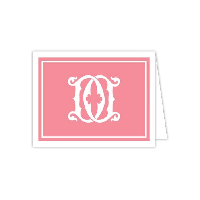 A Gift Bar - Folded Note in pink, featuring an ornate white letter O design at its center, is displayed slightly open against a white background. It comes as part of a set of 10 notecards with envelopes.