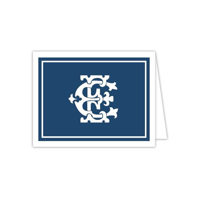 A "Gift Bar - Folded Note" card from a set of 10, featuring a dark blue background with an intricate abstract white letter E design at the center. The card is displayed partially open and includes a white border around the design. It comes complete with matching envelopes.