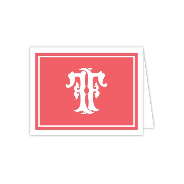 The Gift Bar - Folded Note is a red and white notecard showcasing a large, ornate letter T prominently in the center. This card, included in a set of 10, features a white border and is shown partially open to reveal its white interior. It comes with matching envelopes, completing this sophisticated greeting collection.