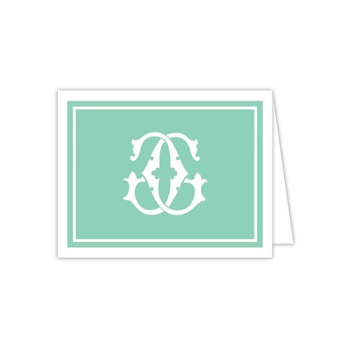 A set of 10 Gift Bar - Folded Note cards with a teal cover showcasing an elegant white letter A at the center, bordered in white, and accompanied by matching envelopes, ideal for conveying your heartfelt messages.