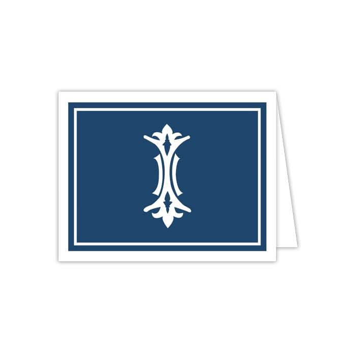 This sophisticated set, known as the Gift Bar - Folded Note, includes 10 notecards featuring a dark blue cover embellished with a white ornamental design at the center and bordered by a white frame. Each card is blank and partially open to show its pristine white interior, and comes with matching envelopes.