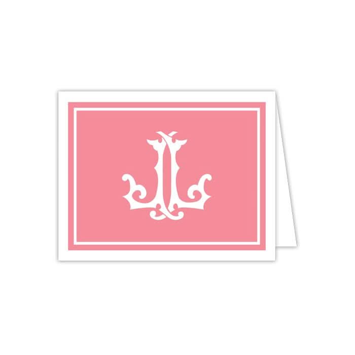 One card from the Gift Bar - Folded Note set of 10 showcases a pink background adorned with an elaborate white letter L on the front. All notecards are paired with matching envelopes and are elegantly presented against a crisp white backdrop.