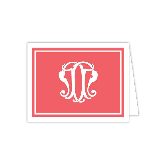 The Gift Bar - Folded Note features a coral background adorned with an elegant white swirling monogram design at its center. Each card is bordered by a thin white line, adding a classic touch to this set of 10 cards, which also includes matching envelopes.