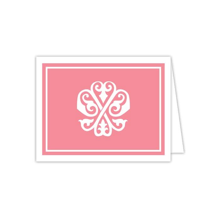 A set of 10 Gift Bar - Folded Note cards featuring a pink background adorned with a white ornamental design reminiscent of floral or scrollwork patterns. Each card is slightly open to reveal its blank interior and includes matching envelopes, perfect for any occasion.